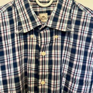 Peter Millar Men's Button Down Blue Pink Plaid L Shirt